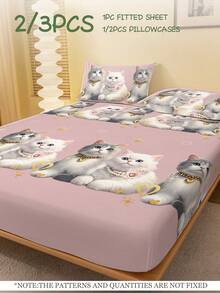 2/3 Pcs Printed Fitted Sheet Set, Bedding, Bed Sheet Set, Halloween Decor, Fall Decor, Soft And Comfortable Bedding, Room Decor, Christmas Decoration, Skin-Friendly Bed Cover Set For All Season, Halloween Gift, Mattress Protector For Bedroom, Fits For Twin Full King Queen Size Bed, 1 Fitted Sheet And 2 Pillowcases, Machine Washable