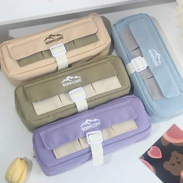 1pc Multi-Function Flip Cover Square Pencil Bag, Dual Layer Simple Large Capacity Stationery Bag,School Supplies,Back To School