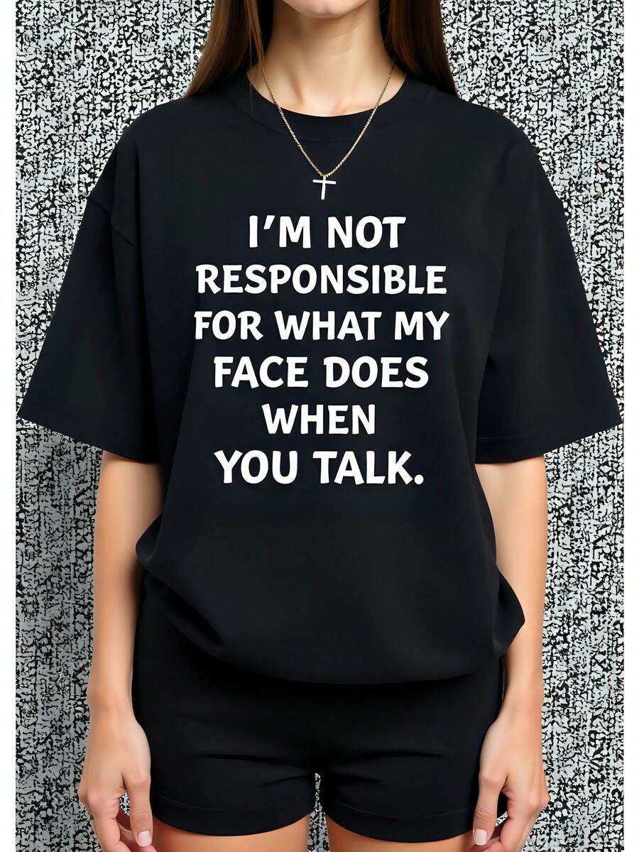 Camiseta de Mujer de 180g en Negro, Cuello Redondo, Manga Corta, 100% Algodón con Estampado Divertido "No Soy Responsable de lo que Hace mi Cara Cuando Hablas", Ideal para Looks Casuales, Estilo Cómodo y Moderno, Perfecto para Días de Verano y Ocasiones Informales. - Negro - Ver 1