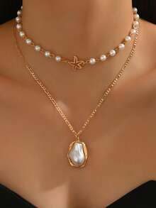 2 件套夏季优雅人造珍珠颈链，时尚合金海星不对称人造珍珠吊坠，适合日常佩戴、旅行、音乐节、派对的女士珠宝 - 多色 - 查看 1