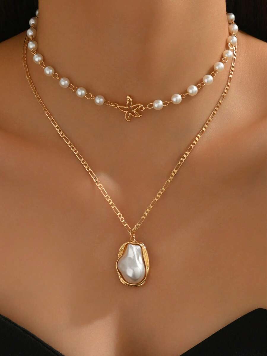 2 件套夏季优雅人造珍珠颈链，时尚合金海星不对称人造珍珠吊坠，适合日常佩戴、旅行、音乐节、派对的女士珠宝 - 多色 - 查看 1