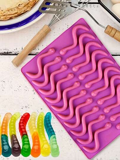 2/1 peça de moldes de silicone em formato de minhoca - ideais para confeitaria divertida e doces. Moldes de silicone em formato de minhoca, moldes reutilizáveis, silicone, moldes para confeitaria, moldes de cozinha, confeitaria divertida, moldes para doces, acessórios para sobremesas.