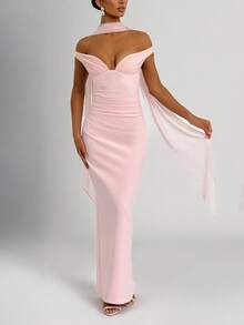 1pc Solid Color Off Shoulder Elegant Waist-Cinched Flowy Cocktail Party Dress, Suitable For Wedding, Cocktail Party Spring Pink - Pink - View 8