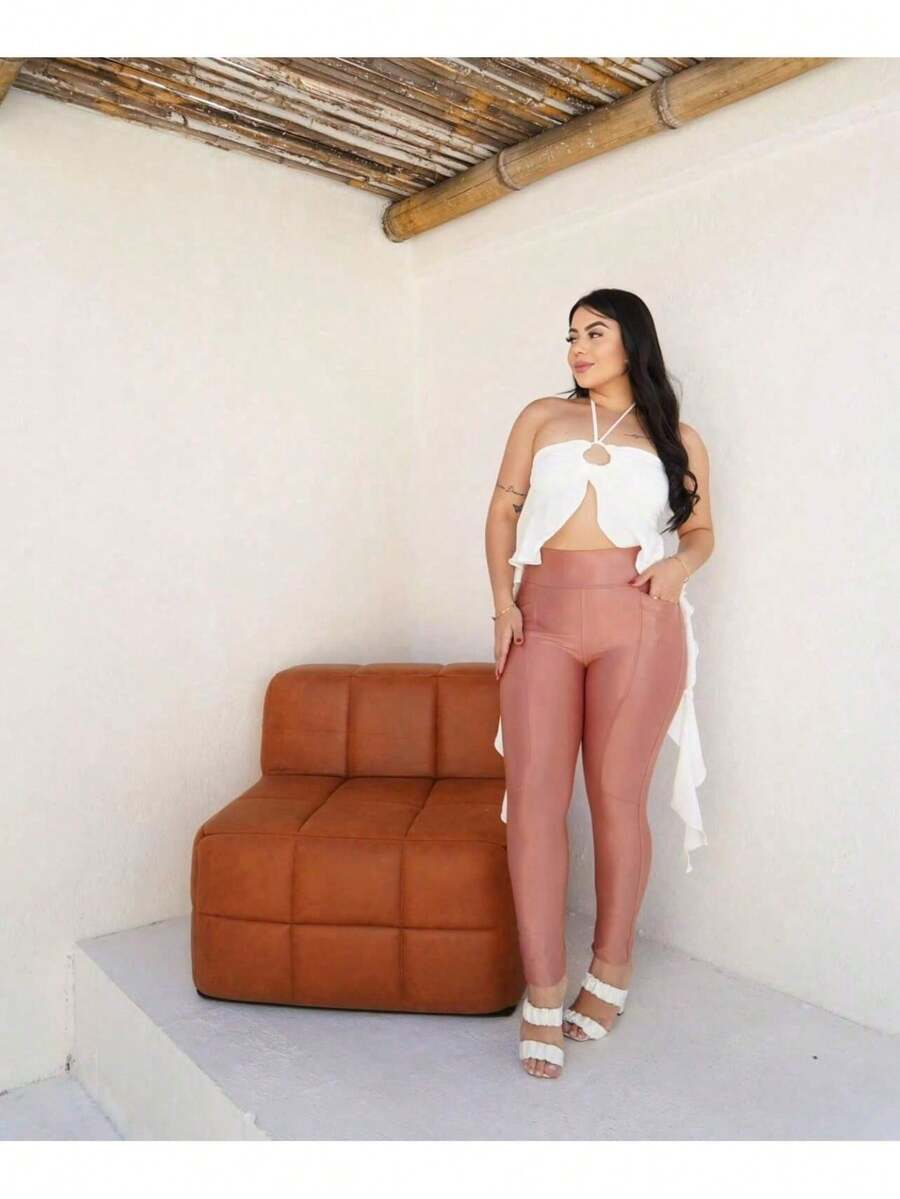 Women's Plain Riding Pants High Waist Shaping Leggings WITH POCKET Cirrê - Coral Pink - View 1