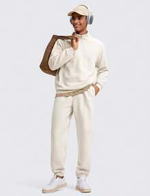 Cotton Fleece Lined Half Zip Mock Neck Men's Sweatshirts - Casual Workout Daily Wear - White Apricot - View 4