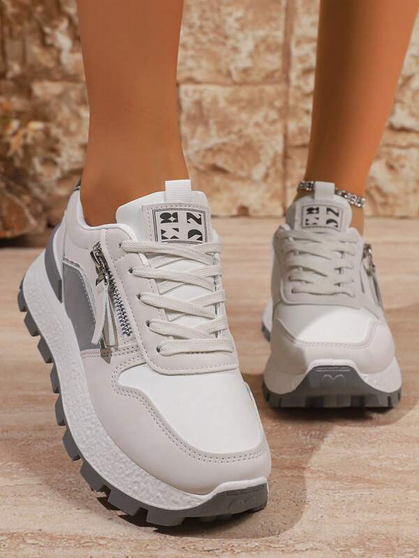 Baskets fitness à lacets style bohème décontracté pour femmes, chaussures de sport extérieur, chaussures à plateforme polyvalentes à lacets, chaussures style étudiant gris college, convenant pour le printemps et l'automne