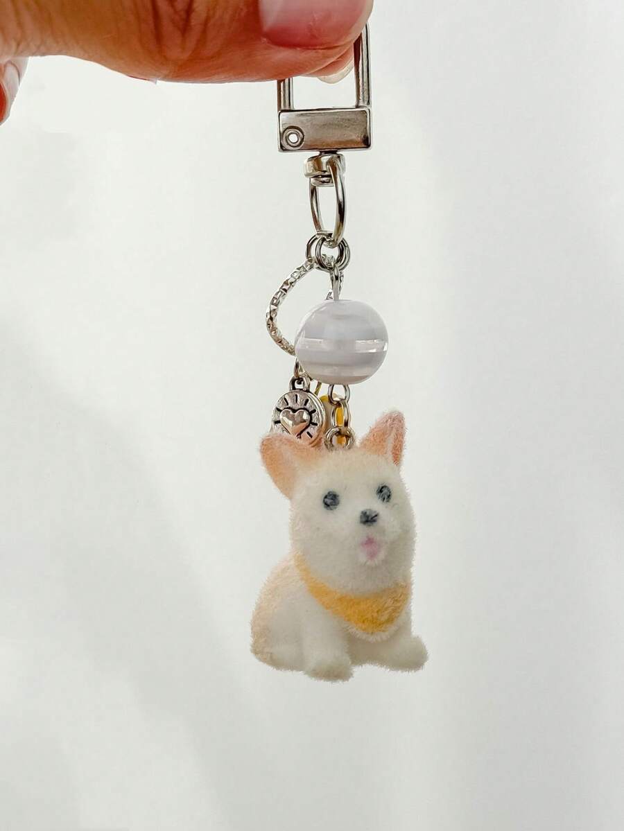 1pc Unisex Flocked Keychain Cute Dog Puppy Heart Flower Pendant Accessory Suitable For Bags Backpack Decor Keychain For Bag - Multicolor - View 1