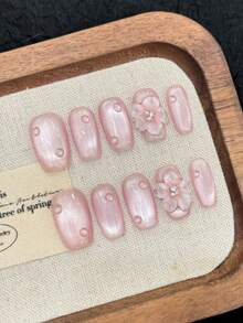 10 件方形指甲按压式指甲中号、极简主义腮红玻璃珠冰闪亮猫眼、手绘花卉 3D 雕刻花朵、浮雕水晶露珠、空灵光泽优质通用美甲片、前卫优雅奢华手工夏季指甲、婚礼美学、DIY 假指甲艺术适合女士和女孩、日常约会可重复使用、作为礼物美甲用品 - 1 个指甲锉和 1 个凝胶