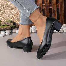 高跟浅口鞋，粗跟低鞋面圆头轻便软底工作鞋，不疲劳女式浅口鞋，方扣中跟空姐鞋，黑色舒适正装鞋，可搭配西装，优雅高跟鞋，适合所有季节，纯色 PU 皮革女鞋 - 黑色 - 查看 7