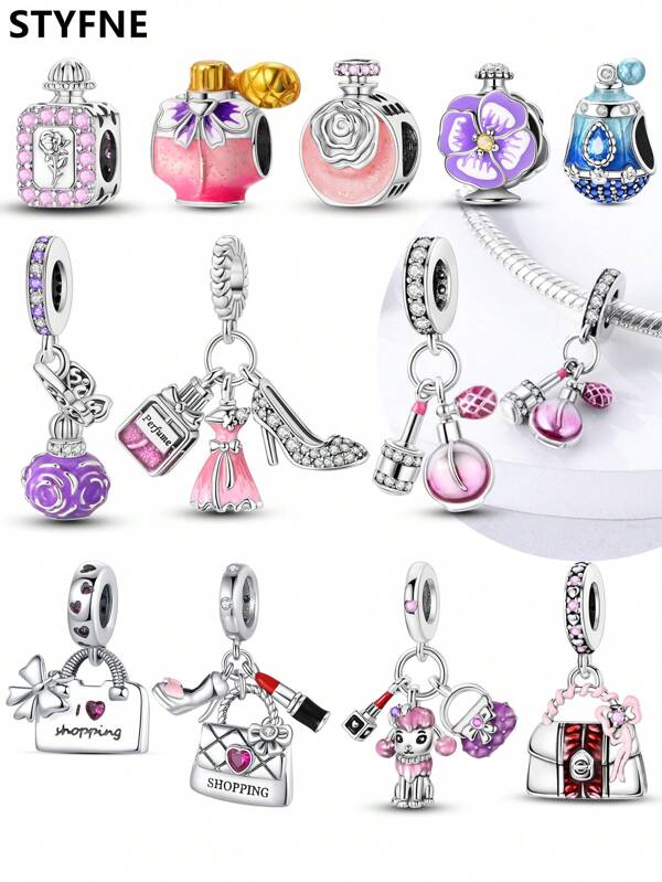 STYFNE 1 Set Charm de Bolso con Lazo Rosa, Charm de Perfume, Charm de Tacón Alto, Adecuado para Pulsera DIY, Joyería de Mujer, Regalo Pequeño Diario