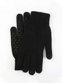 1 Pair Black Full Finger Knit Touchscreen Gloves, Warm Lining, Windproof For Cycling - Black - View 4