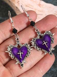 Gothic Cross, Heart, Rose Flower, Bow Knot, Thorn Decor Beaded Y2K Earrings For Women, Retro Dark Style - Purple - View 3