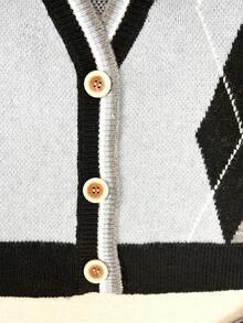 Vintage Style Contrast Color Rhombus Pattern Knitted Vest, No Shirt - Grey - View 7