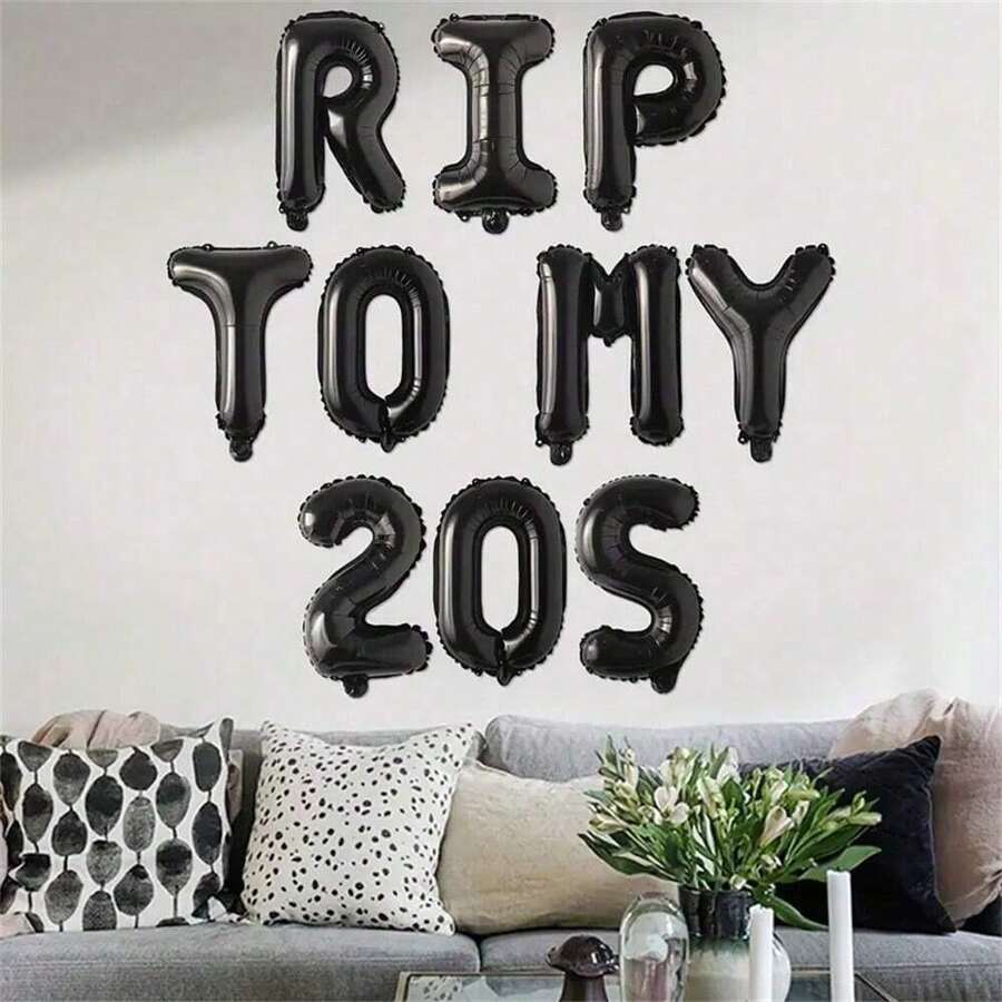 10pcs Black "Rip To My 20s" Letter Balloons, 30th Birthday Decorations, Suitable For Both Men And Women. Black "Rip To My 20s" 30th Birthday Party Decorations, "Rip To My 20s" Balloon Banner, Gothic Theme 30th Birthday Party Decorations - Black - View 1