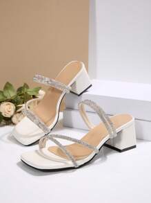 Women's Square Toe White Sandals With Crystal Decoration, Elegant And Versatile Suitable For Pairing With Chunky Heel, Size 35-42