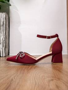 Spring/Autumn Fashion Wedding/Party Burgundy Satin Rhinestone Bow Thick Heel Comfortable Mid-Heel Formal Women Dress Shoes,Red Heels - Burgundy - View 7