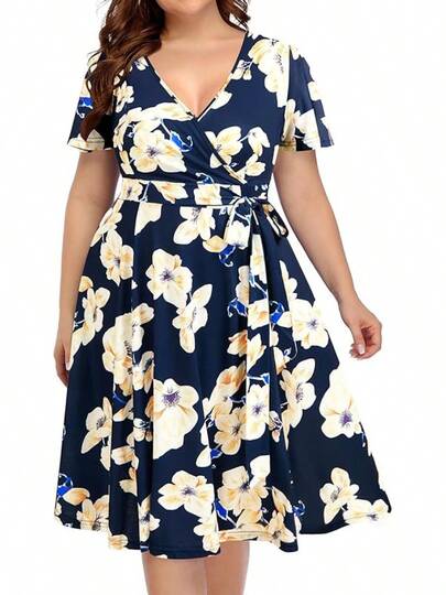 Plus Size V Neck Wrap Midi Casual Summer Dress with Short Flutter Sleeve for Wedding Guests