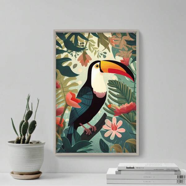 3. 1 Pc Exotic Botanicals & Toucan Wall Art Mid-Century Tropical Bird Frameless Canvas Poster With Jungle Vacation Travel Theme, Beach Graduation Back To School Prints For Wall, Funky Posters For Dorm/Bedroom/Party Decor & Perfect Gift (Frameless Print)
