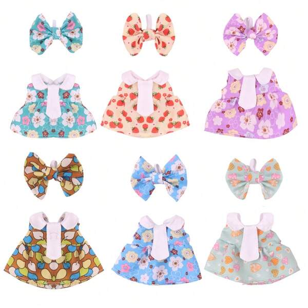 Set de 2 piezas que incluye vestido de lazos y flores adecuado para muñeca de peluche de 17cm (la muñeca no está incluida) / Regalo para niños
