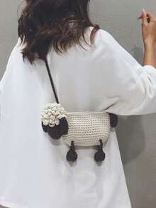 可爱钩针羊图案时尚卡通多功能女士单肩/斜挎编织包 - 米色 - 查看 2