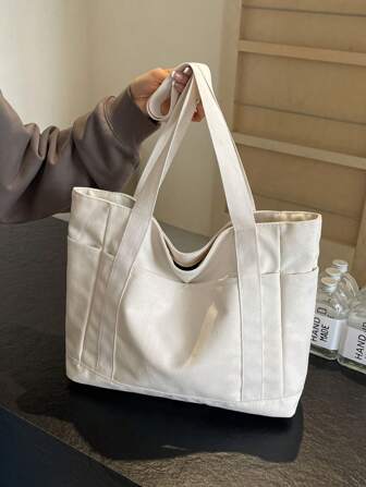 Sac fourre-tout en canevas de couleur unie, avec plusieurs poches, port à l'épaule et à la main, grande capacité, sac d'affaires pliable, sac de bureau minimaliste, sac de courses, sac à dos étudiant