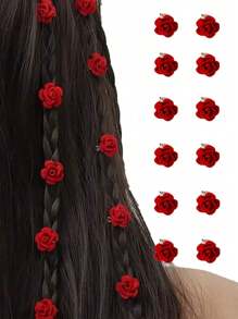 12pc Romantic Red Rose Flower Mini Hair Clips, Princess Side Bangs Clips, Snap Barrettes For Braids, Bridal Wedding Hair Accessories, Ideal Gift For Valentine's Day, Easter, Thanksgiving,Hair Barrettes Claw Clips