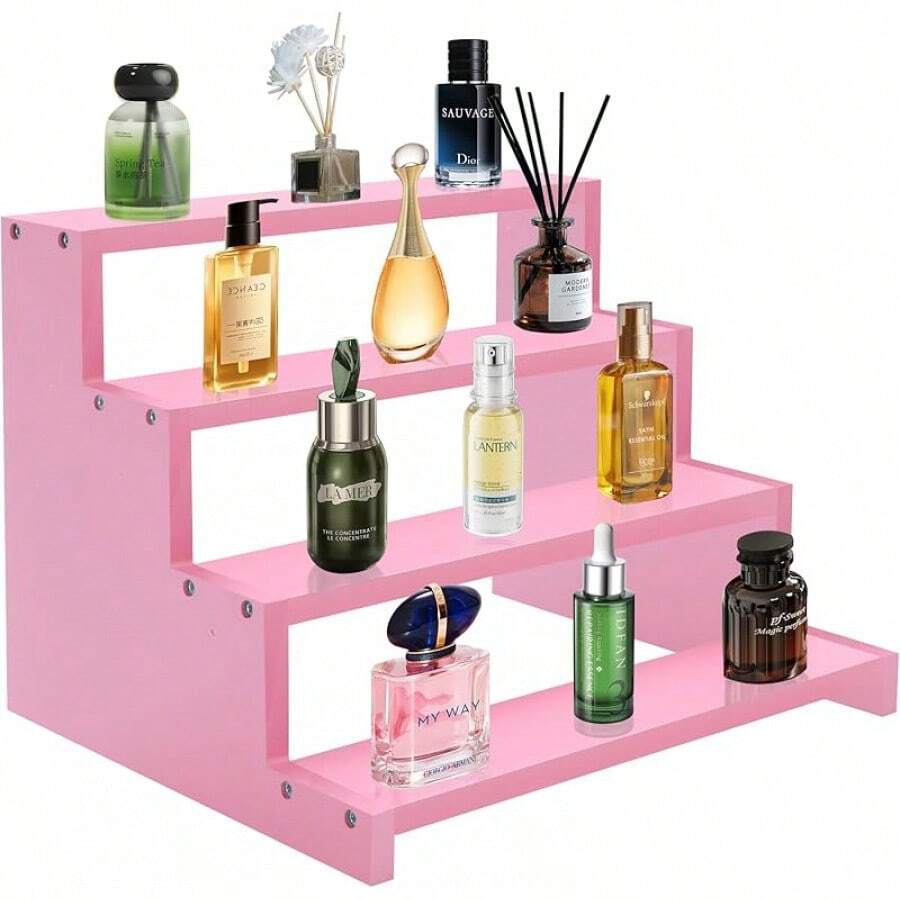 Wooden Perfume Stand For Women 4 Tier Pink Perfume Organizer Stand Perfume Display Shelf & Holder For Women's Dresser & Vanity Desktop Rack For Fragrance Figures Dessert Cupcakes Decoration - 粉色 - 查看 1