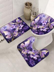 1/4-teiliges Set - Lila Schmetterling Duschvorhang Set, moderne Bauernhaus Blumen Schmetterling Gold Folie botanische Kunst Wasserabweisender Duschvorhang mit 12 Haken, rutschfester Badteppich, Toilette U-förmiger Deckel, perfektes Einweihungsgeschenk für Freunde und Familie