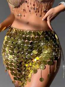 1入售銀色閃爍亮片裙鏈，歐美時尚性感復古派對夜店皇后迪斯科舞臺誇張銀色流蘇珠片迷你裙，腰鍊身體配飾