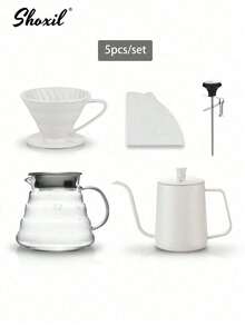 shoxil 咖啡套装、02号手冲咖啡壶套装、滴滤咖啡礼品套装、旅行咖啡配件工具、咖啡壶和温度计、带陶瓷滴滤器的玻璃咖啡壶、手动咖啡研磨机、咖啡勺、咖啡秤、咖啡研磨机清洁刷、100张咖啡滤纸