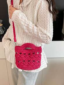 This Fashionable Multi-Functional Solid Color Hollow Crochet Handbag Is An Ideal Choice For Summer Vacation. It Comes With A Detachable Woven Shoulder Strap, Making It Versatile. This Ladies' Crochet Bag Is Suitable For Daily Travel, Vacation, Commuting To Work, And Matching With Various Fashionable Outfits. It Pairs Perfectly With Crochet Sets, Vacation Essentials, And Beach Accessories. - Multicolor - View 2