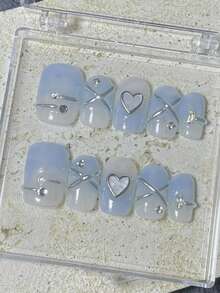 10pcs Handmade Press On Nails With Rhinestones, Valentines Nails , Romantic Nail Art, Nail Supplies ,Heart Fake Nails, Vacation Style Blue Nails,Full Cover Gradient False Nails For Women And Girls,Summer Nails Press On Nails Beach Essentials,Gift A Set Of Nail Kit