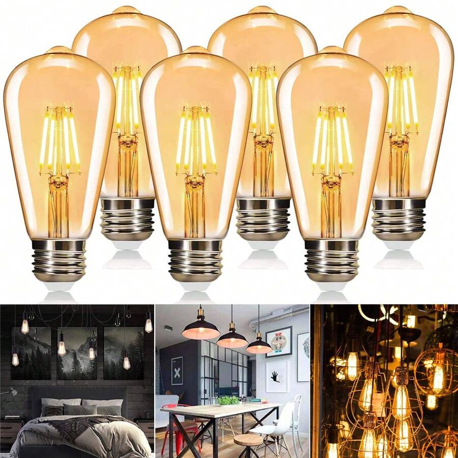 6 Pack LED Vintage Bulb E27, 4W LED Edison Light Bulb Dimmable Filament Bulb Retro Amber Glass Screw Lamp