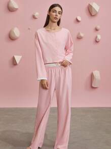 بيجامة نسائية، ملابس علوية علوية بياقة مستديرة وأزرار، وبنطلون كاجوال بخصر مطاطي، ملابس منزلية عصرية، ملابس خريفية