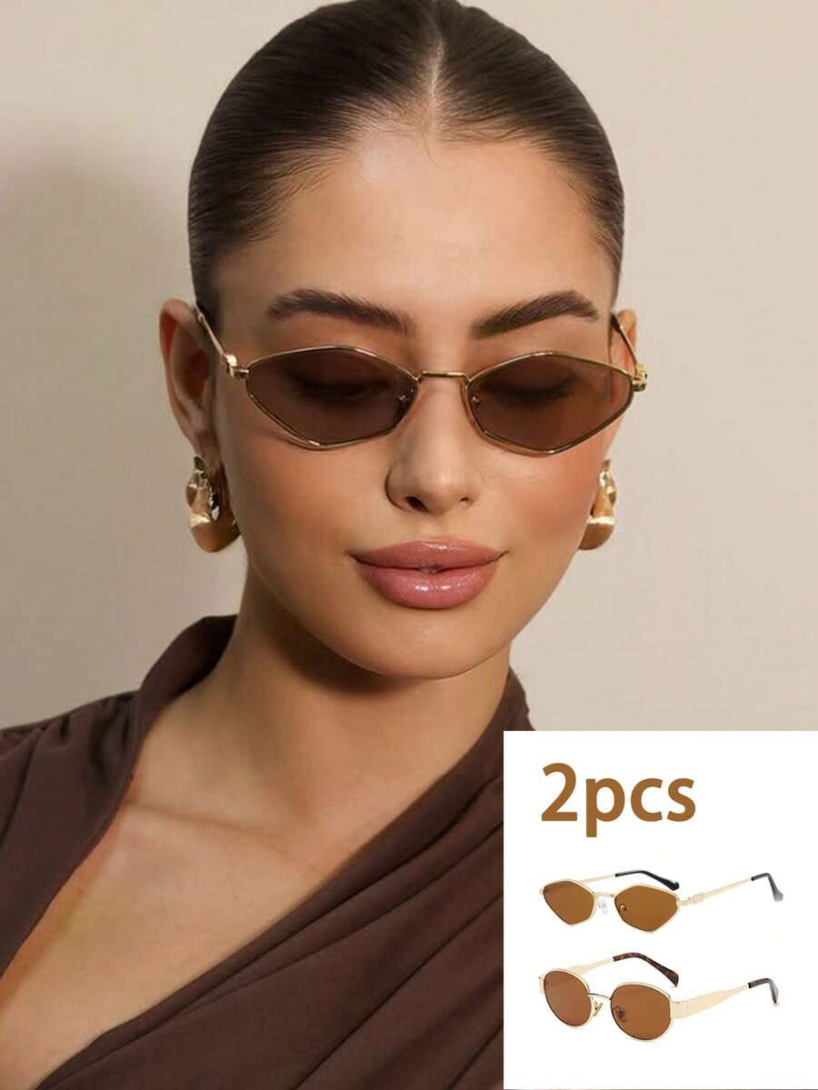 2pcs Women's Fashionable Rhombus Metal Frame Fashion Glasses, Personalized European And American Street Photography Glasses, Summer Beach Accessories Geometric Shape Shades - 2pc(茶色和茶色) - 查看 1