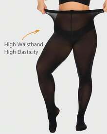 Plus Size Tights For Women, Ultra Soft Solid Color Semi-Opaque Pantyhose, Nylon High Waist Stockings 1X 2X 3X 4X - 黑色 - 查看 3