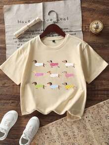 Tween Girl Casual Graphic Print Crew Neck Short Sleeve T-Shirt, Summer Top - Apricot - View 2