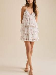 Women Y2k Boho Ruffle Flowy Mini Dress Floral Print Spaghetti Strap Bowknot Short Dresses Elegant Tiered Square Neck Sleeveless Hem Skater Sundress - 白色 - 查看 5