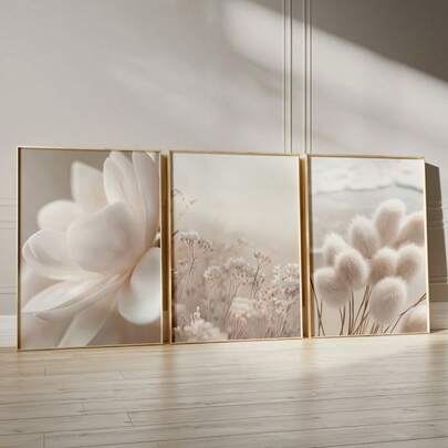3pcs Set Of Beige Flower And Plant Wall Art, Natural Floral Poster, Neutral Modern Wall Decoration, Nordic Minimalist Art Decoration, Bohemian Decoration, Living Room, Bedroom, Kitchen, Office, Cafe, Bar, Dormitory, Corridor, Home And Room Decoration Canvas Art, No Frame
