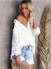 大码女式休闲提花衬衫，宽松纹理白色长袖衬衫，适合秋季、返校、日常穿着、度假 - 白色 - 查看 3