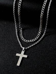 2pcs/Set Men's Stainless Steel Cross & Braided Chain Multi-Layer Necklace Set - Silver - View 3