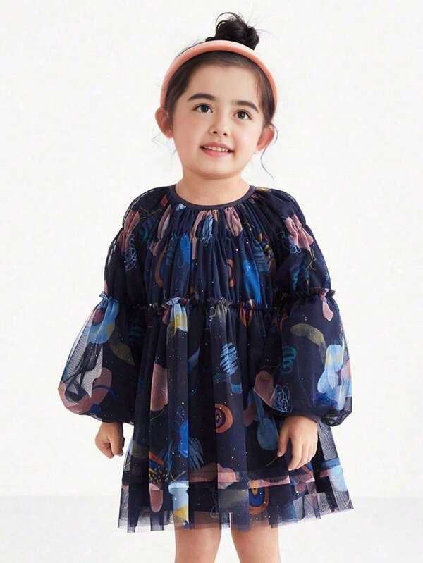 Annil Kids Dresses Spring And Autumn Vibrant Contrasting Colors Mesh Round Neck A-Line Long Sleeve Young Girls Dresses Blue