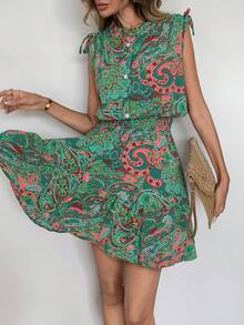 女士海滩度假波西米亚风佩斯利肩带束腰短款连衣裙 - 綠色 - 查看 7
