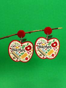 1 Pair Of Red European And American Fashion Pencils, Rulers, Stationery, Wooden Apple Pendants, Earrings, Letters, Teacher Earrings, Earrings, Teacher's Day Back To School Season Earrings, Teacher's Day Back To School Season Earrings