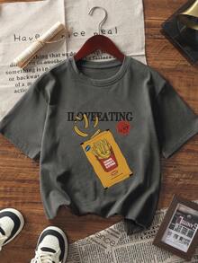 Grey Women's Casual Round Neck Potato Chip Pattern English Print Short Sleeve T-Shirt, New For Spring/Summer - Dark Grey - View 1