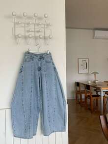 Celana Jeans Gaya Vintage Amerika dengan Potongan Longgar, Lurus, dan Lebar, Kasual untuk Musim Semi dan Gugur. - Biru - View 5