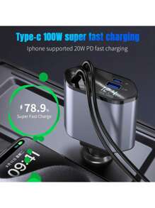 YITUMU 1pc Car Charger With Super Fast Charging, Retractable Cable, 4-In-1 Cigarette Lighter Adapter