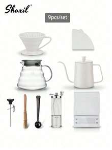 shoxil 咖啡套装、02号手冲咖啡壶套装、滴滤咖啡礼品套装、旅行咖啡配件工具、咖啡壶和温度计、带陶瓷滴滤器的玻璃咖啡壶、手动咖啡研磨机、咖啡勺、咖啡秤、咖啡研磨机清洁刷、100张咖啡滤纸