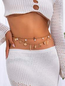 1 件波西米亚风格海洋元素海滩度假贝壳和珍珠海星流苏多层腰链，优雅金属腰带，适合女士，夏季海滩度假，礼物 - 海星多層腰鍊 - 查看 2