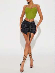 Váy quần nữ dáng xòe bất đối xứng, phong cách đường phố, gợi cảm, chất liệu da PU, thắt dây, ôm sát, kiểu mini, phong cách Y2K, cạp chồng chéo, vạt bất đối xứng, co giãn, dáng chữ A, chất liệu da PU, thích hợp cho các buổi hòa nhạc, lễ hội âm nhạc, ngày lễ Thánh Patrick, màu đen thanh lịch, mùa xuân. - màu đen - Xem 3